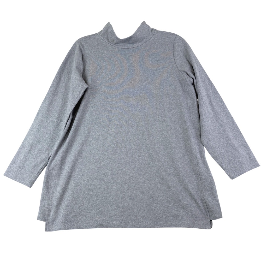 Eileen Fisher M Grey Mock Neck Blouse Top Organic Cotton Long Sleeve Side Slit
